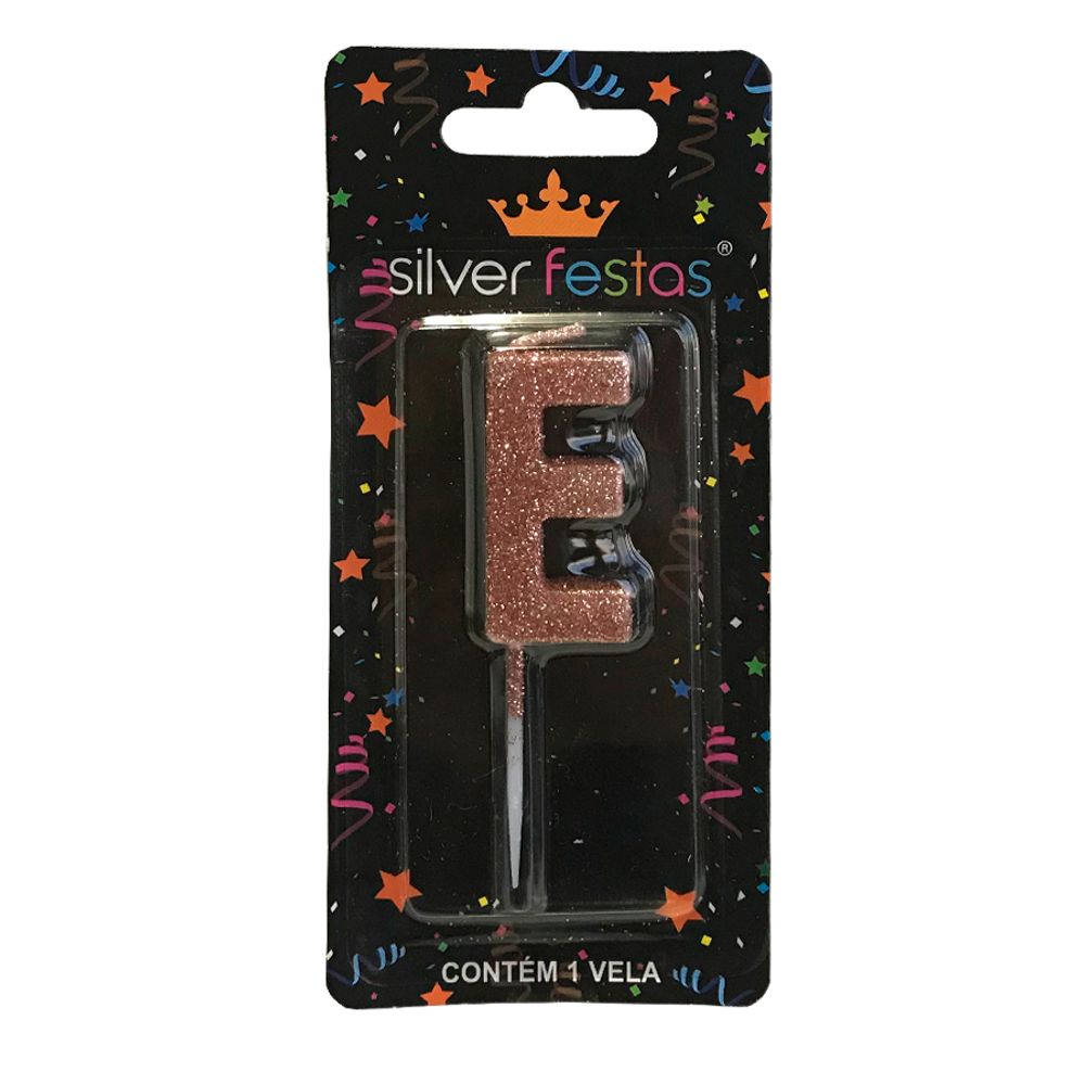 Vela-Letra-E-Rose-Gold---Silver-Festas Vela-Letra-E-Rose-Gold---Silver-Festas