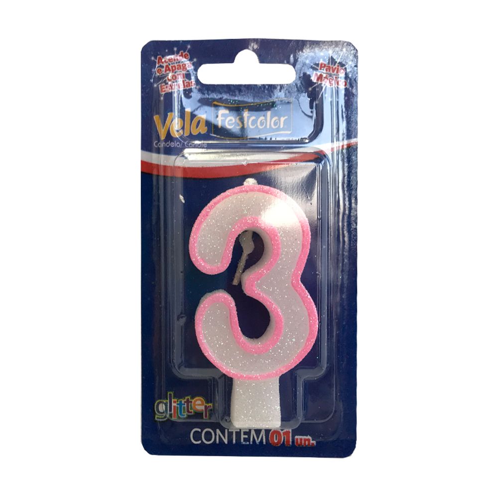 Vela-com-Glitter-Rosa-Numero-3---Festcolor Vela-com-Glitter-Rosa-Numero-3---Festcolor