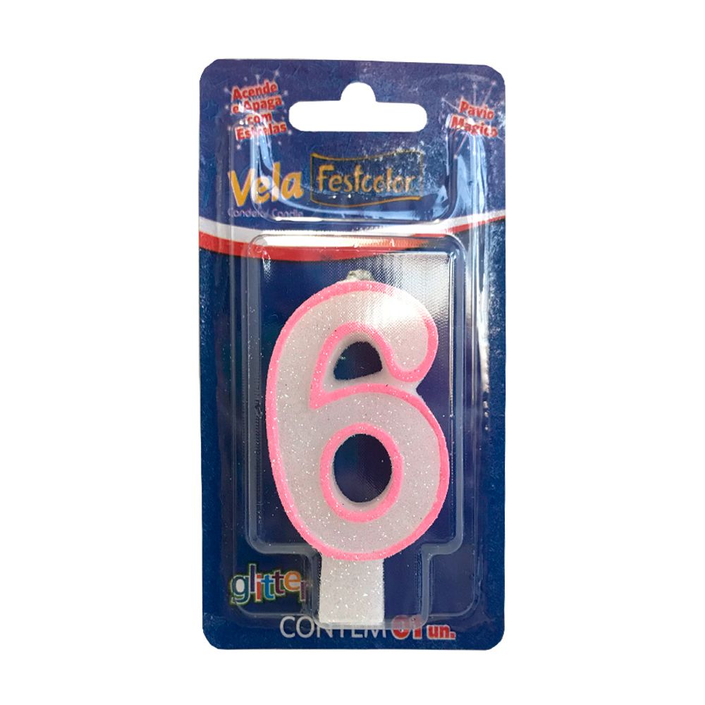 Vela-com-Glitter-Rosa-Numero-6---Festcolor Vela-com-Glitter-Rosa-Numero-6---Festcolor