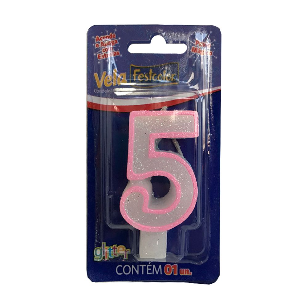 Vela-com-Glitter-Rosa-Numero-5---Festcolor Vela-com-Glitter-Rosa-Numero-5---Festcolor