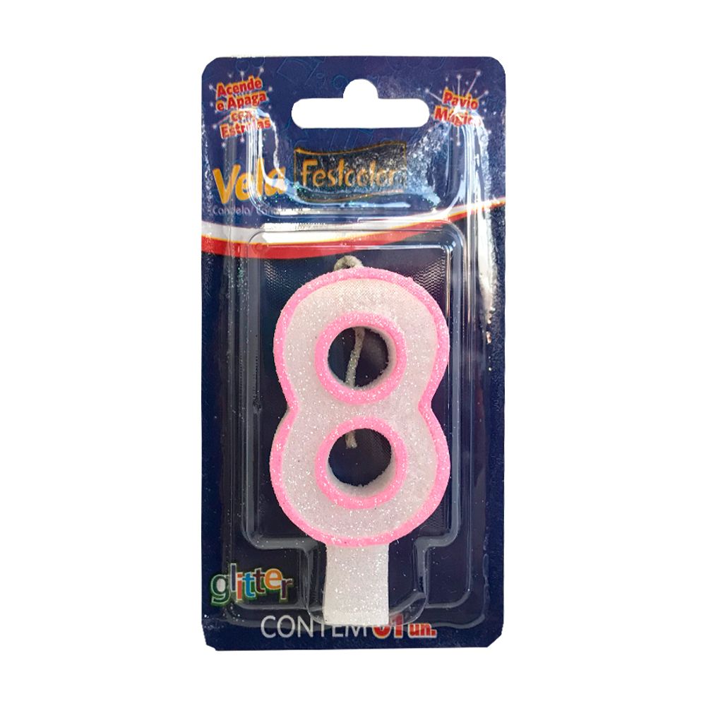 Vela-com-Glitter-Rosa-Numero-8---Festcolor Vela-com-Glitter-Rosa-Numero-8---Festcolor
